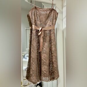 BCBGMaxAzria Strapless Metallic Lace Midi Dress in Rose Gold